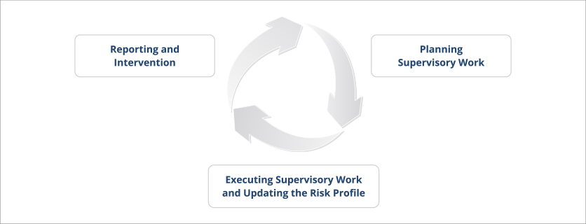 The first step is planning supervisory work; the second is executing supervisory work and updating the risk profile; and the third is reporting and intervention